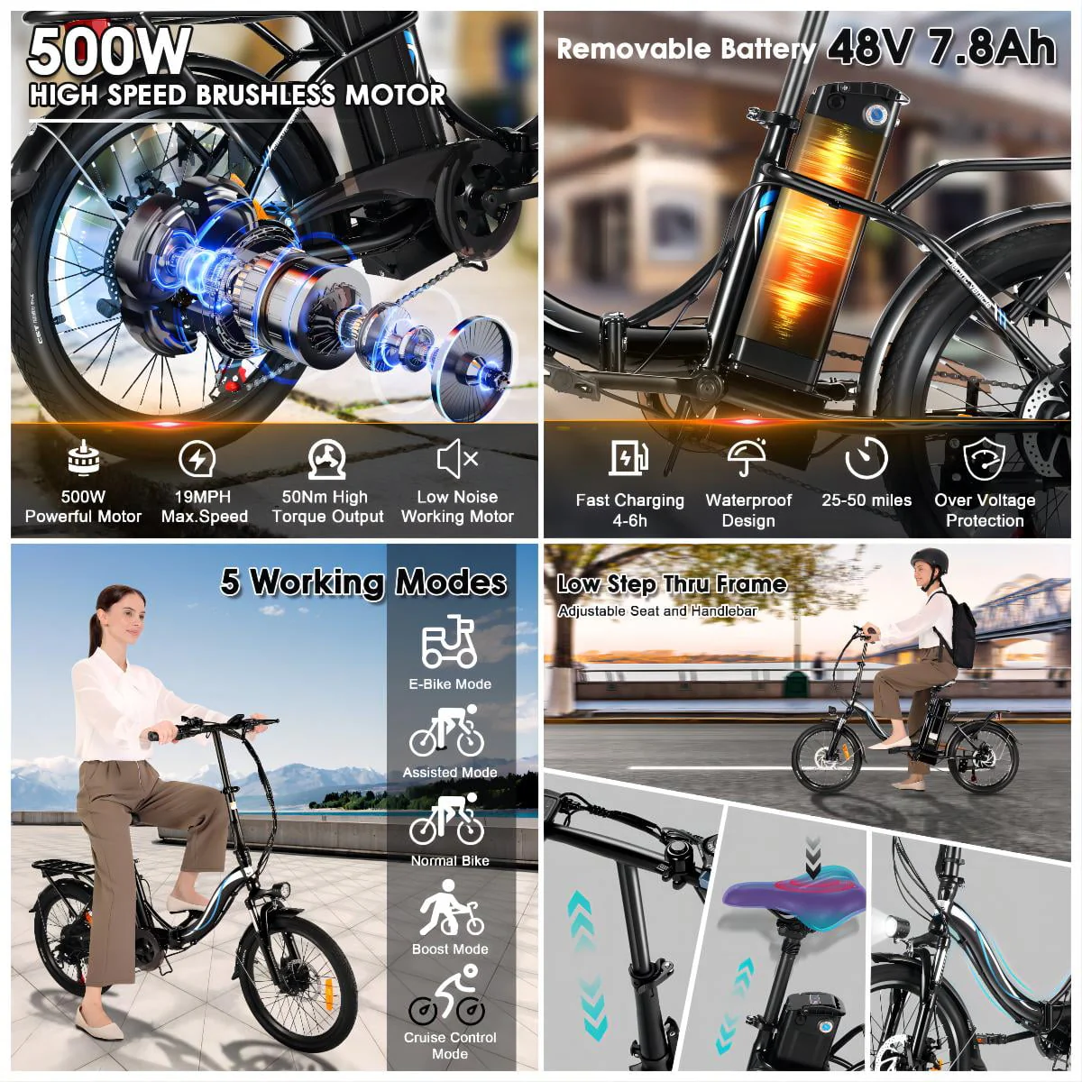 Elifine 20in Folding Electric Commuter Bike, 500W, 48V 7.8Ah