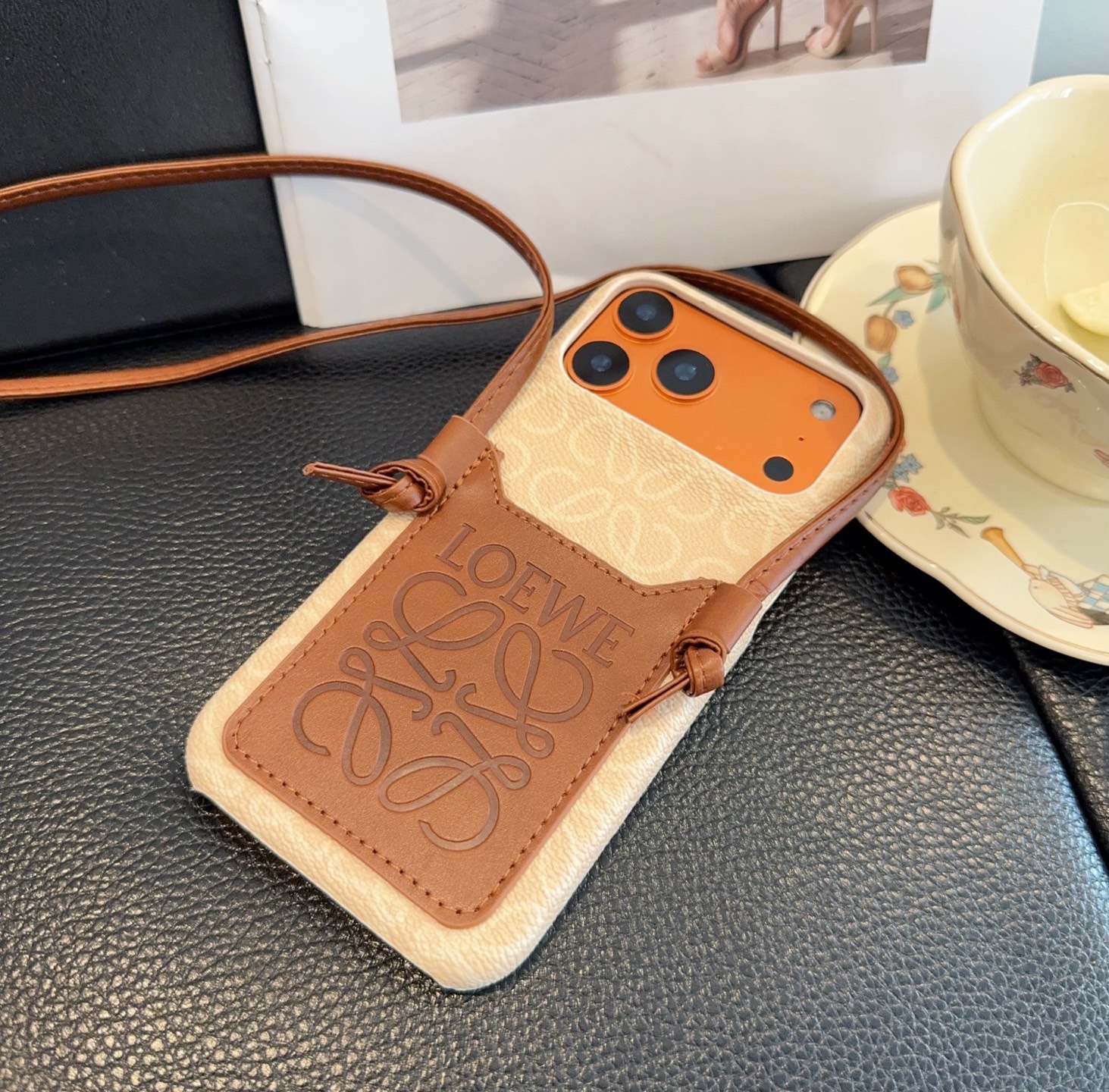 Loewe Style Anagram Embossed Card Holder Crossbody Phone Case