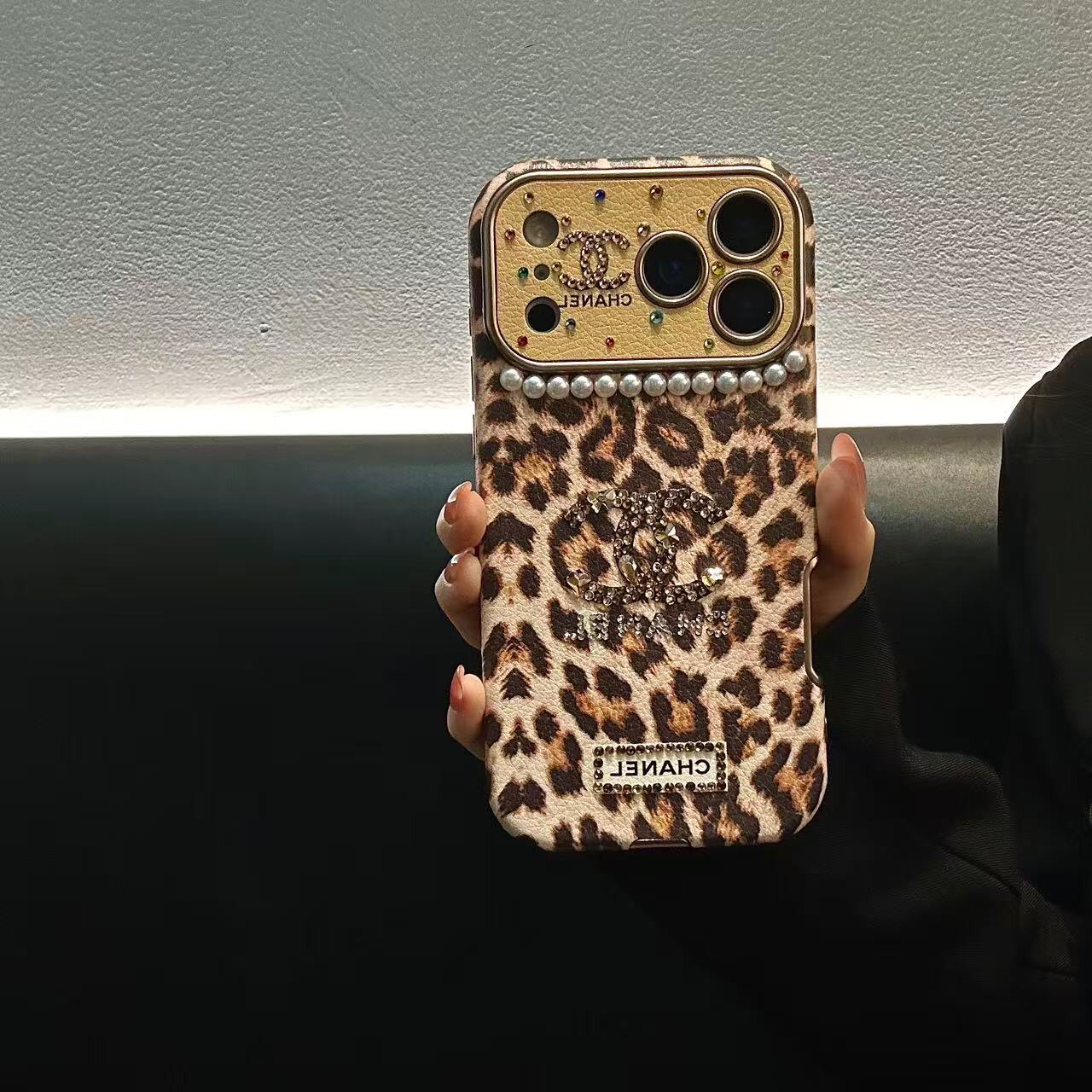 Leopard Print Rhinestone CC Logo Pearl Trim Luxury Shockproof iPhone Case With Crystal Wrist Chain