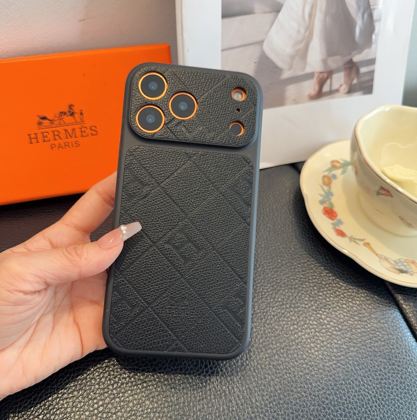 Hermès Style Embossed Leather Texture Full Cover Phone Case