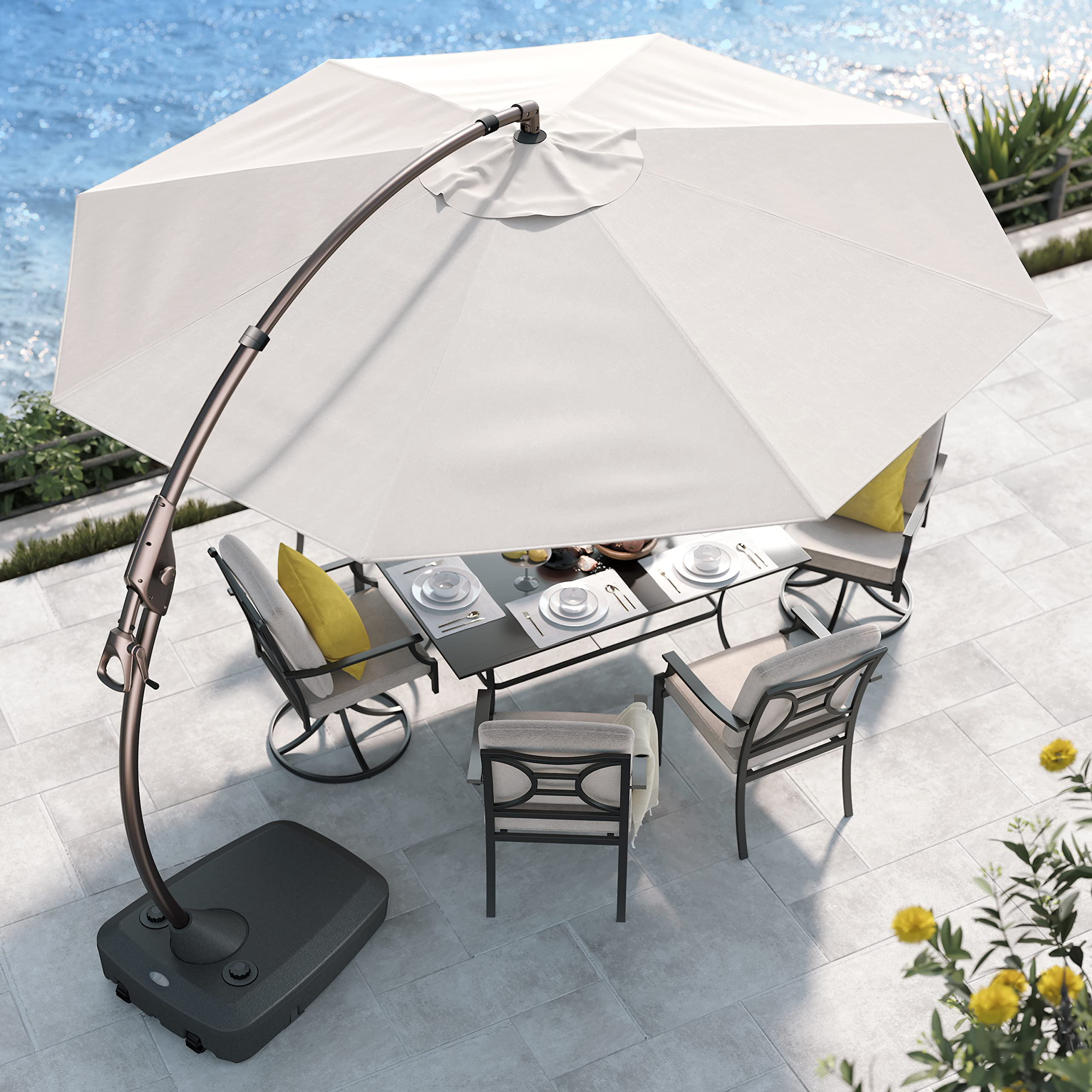 12 FT SUNBRELLA Deluxe NAPOLI Curvy Offset Umbrella with Base