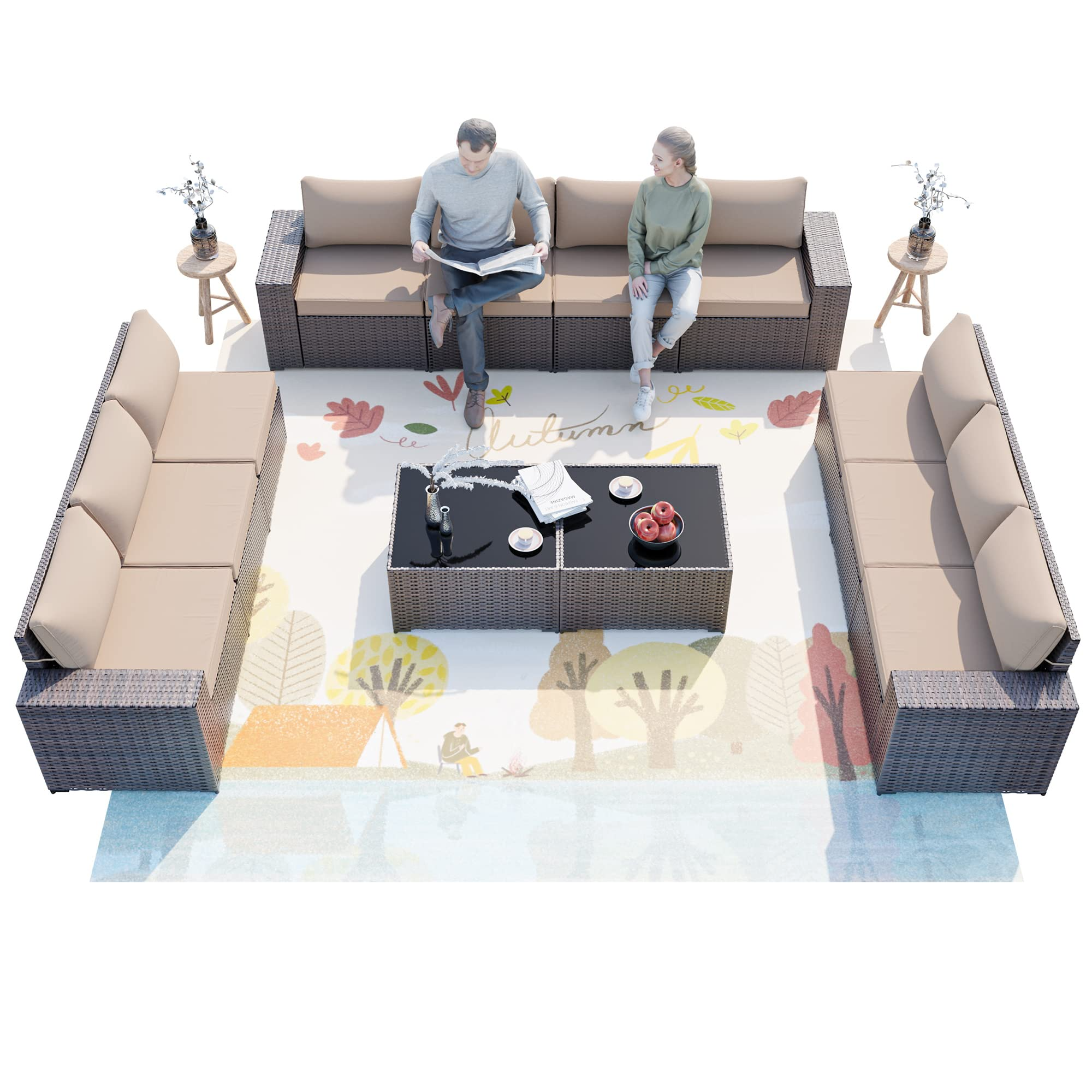 12 Pcs Patio Furniture Set Sectional Sofa Sets Brown PE