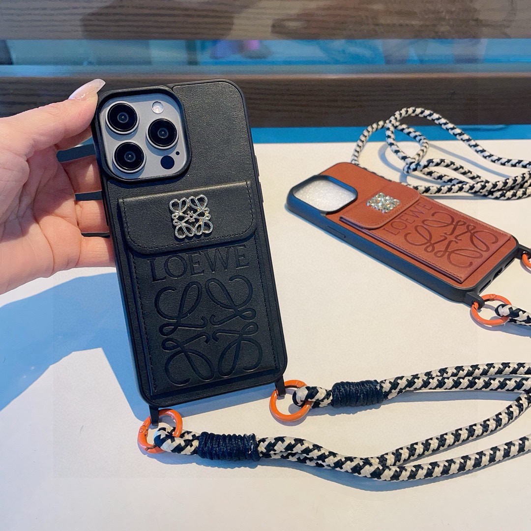 Loewe Style Leather Card Holder Phone Case with Crossbody Woven Strap