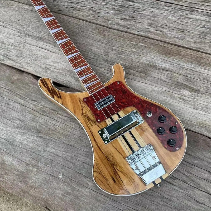Through Body Electric Bass Guitar Spalted Maple Chrome Parts Fixed Bridge Top