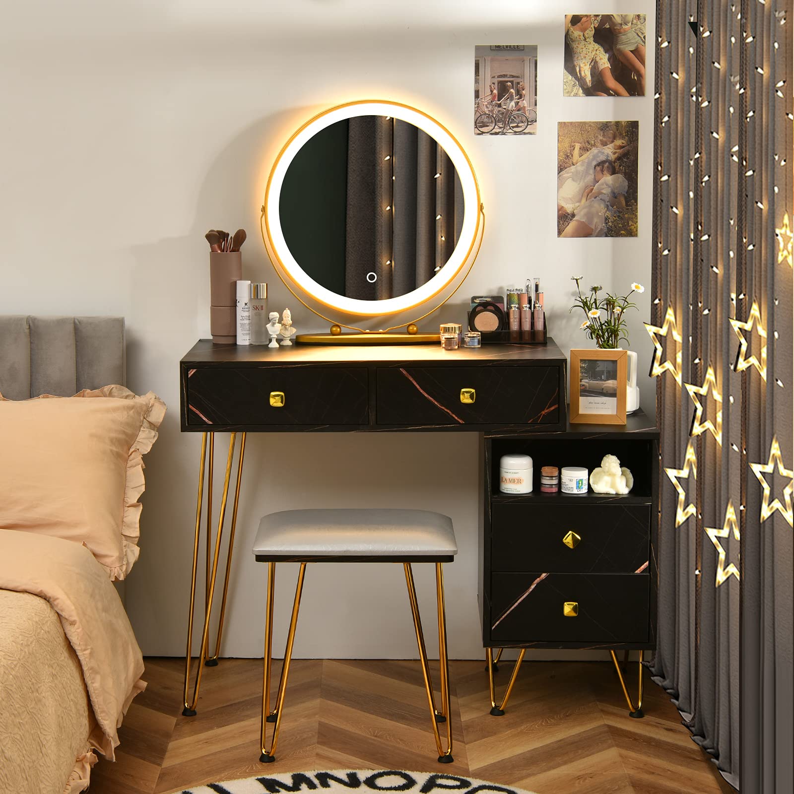 Vanity Set with 3 Colors Lighted Mirror