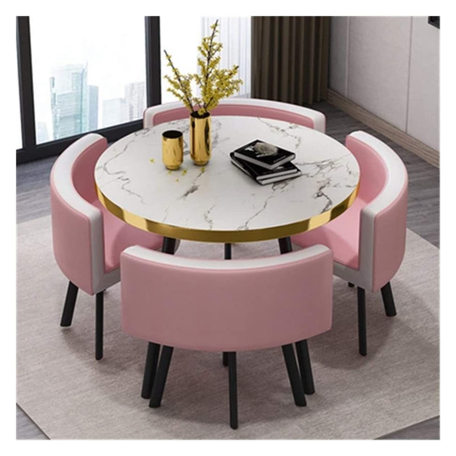 Small Round Wooden Dining Table Set with 4 Upholstered Chairs
