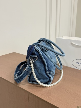 Prada Small Denim Canapa Tote With Triangle Logo