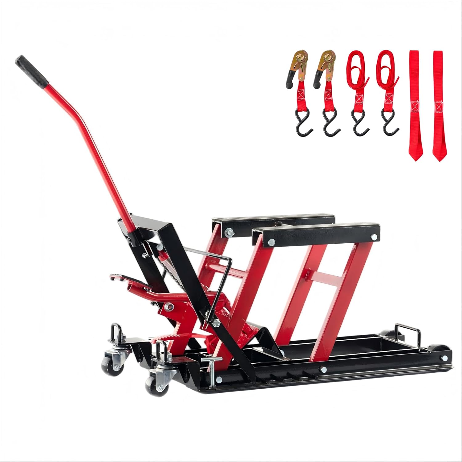 Hydraulic Motorcycle Lift Jack, 1500 LBS Capacity Steel ATV Lift with Wheels and Handle, Portable Foot-Operated