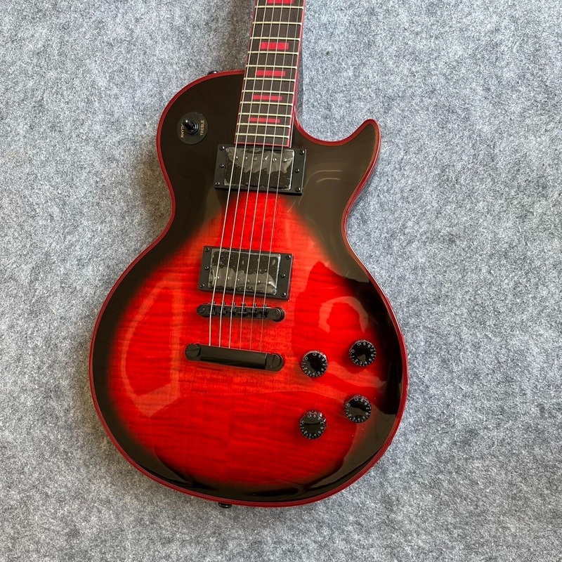 Red/Black Burst Solid Body Electric Guitar, EMG Pickups, Red Binding, LP Single