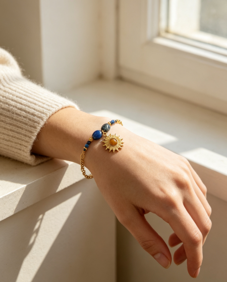 Natural Lapis Lazuli Sun Pendant Bracelet | Gold Plated Stackable Chain Bracelet