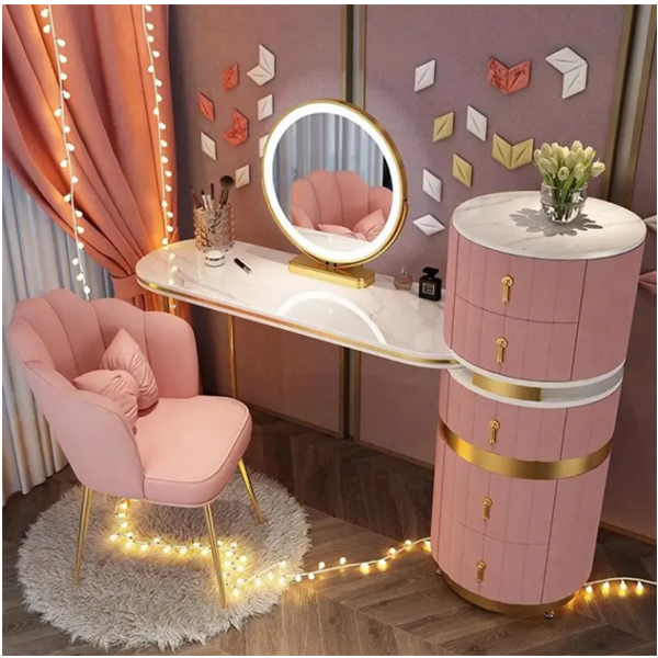 Dressing Table Set with Round Mirror 2 Large Drawers with Round