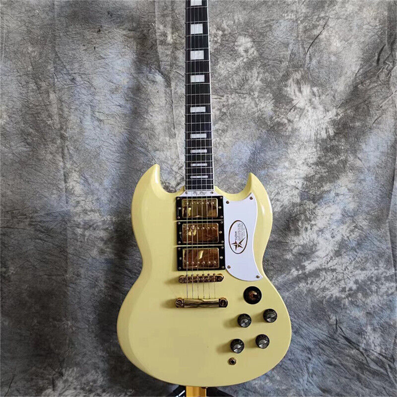 Cream 6 String SG Electric Guitar H-H-H Pickups Solid Body Gold Hardware