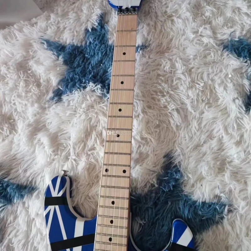 Blue Electric Guitar Black White Stripes,Floyd Rose Tremolo Bridge Locking Nut