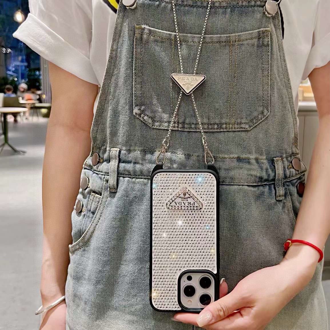 Prada Style Full Diamond Glitter Phone Case With Crossbody Chain Strap