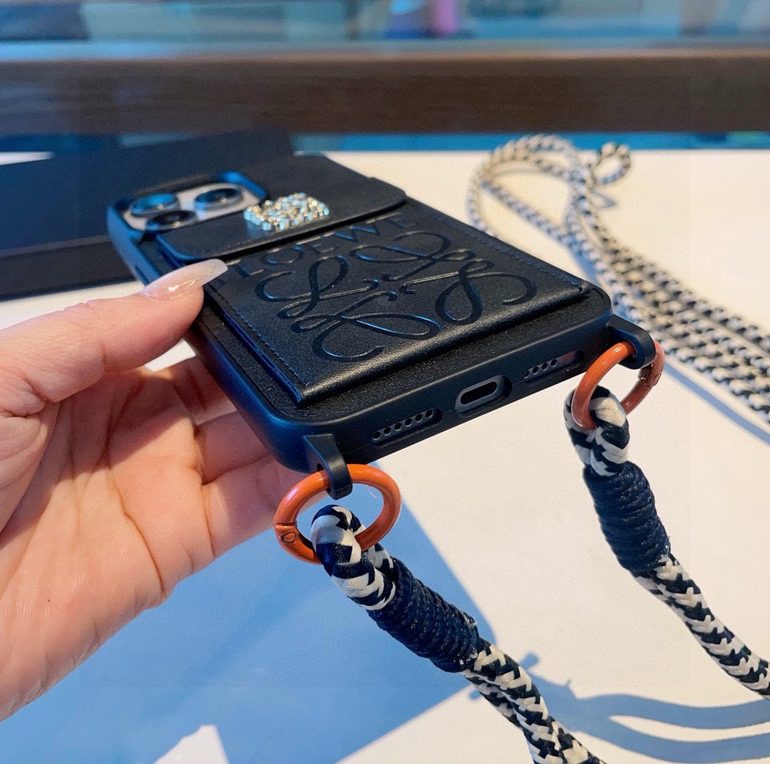 Loewe Style Leather Card Holder Phone Case with Crossbody Woven Strap