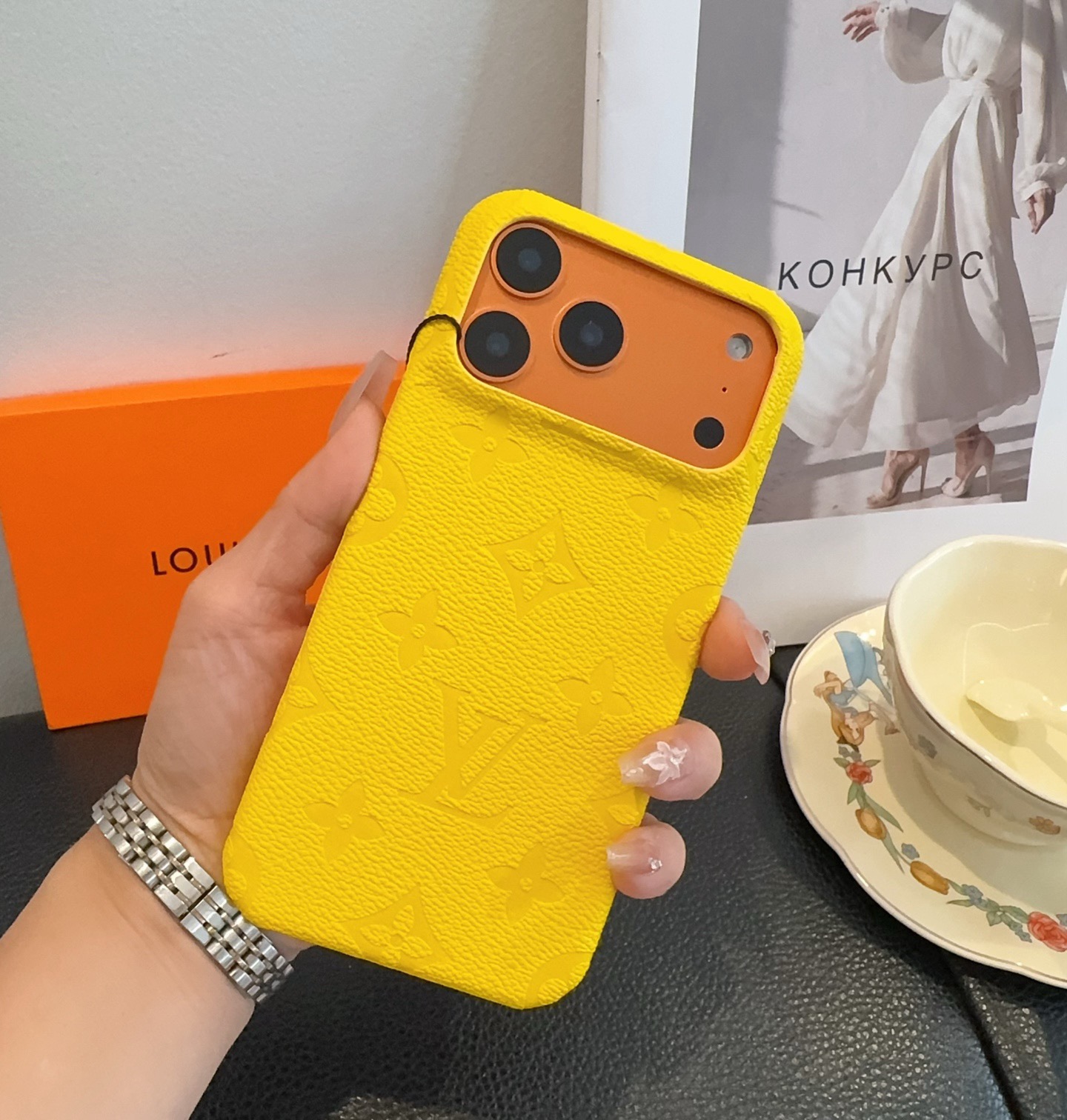 Louis Vuitton Style Embossed Monogram Leather Slim Phone Case