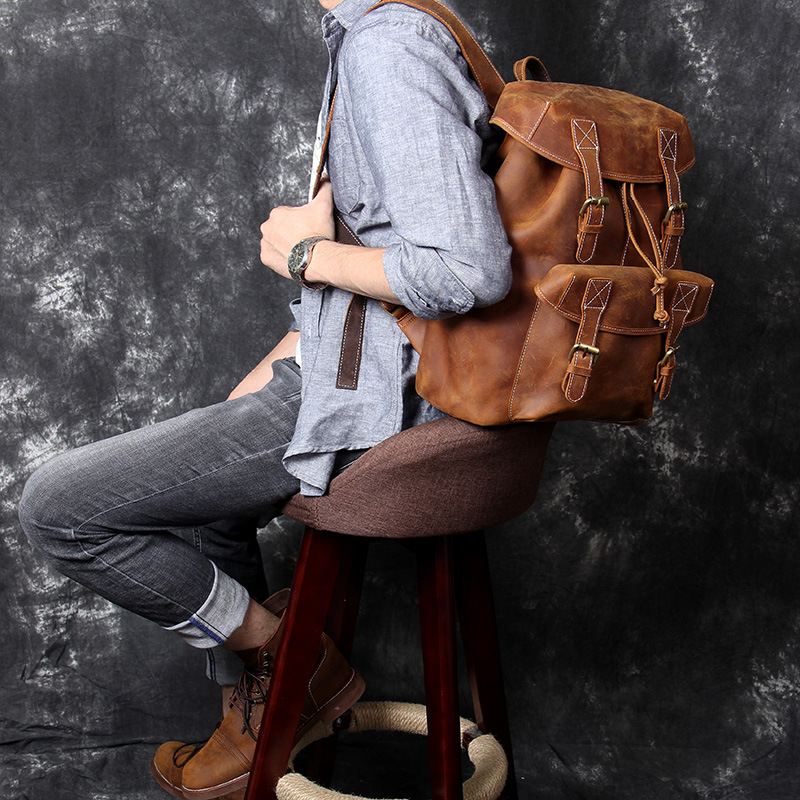 Vintage Full-Grain Leather Drawstring Backpack - Timeless Adventure for the Modern Explorer