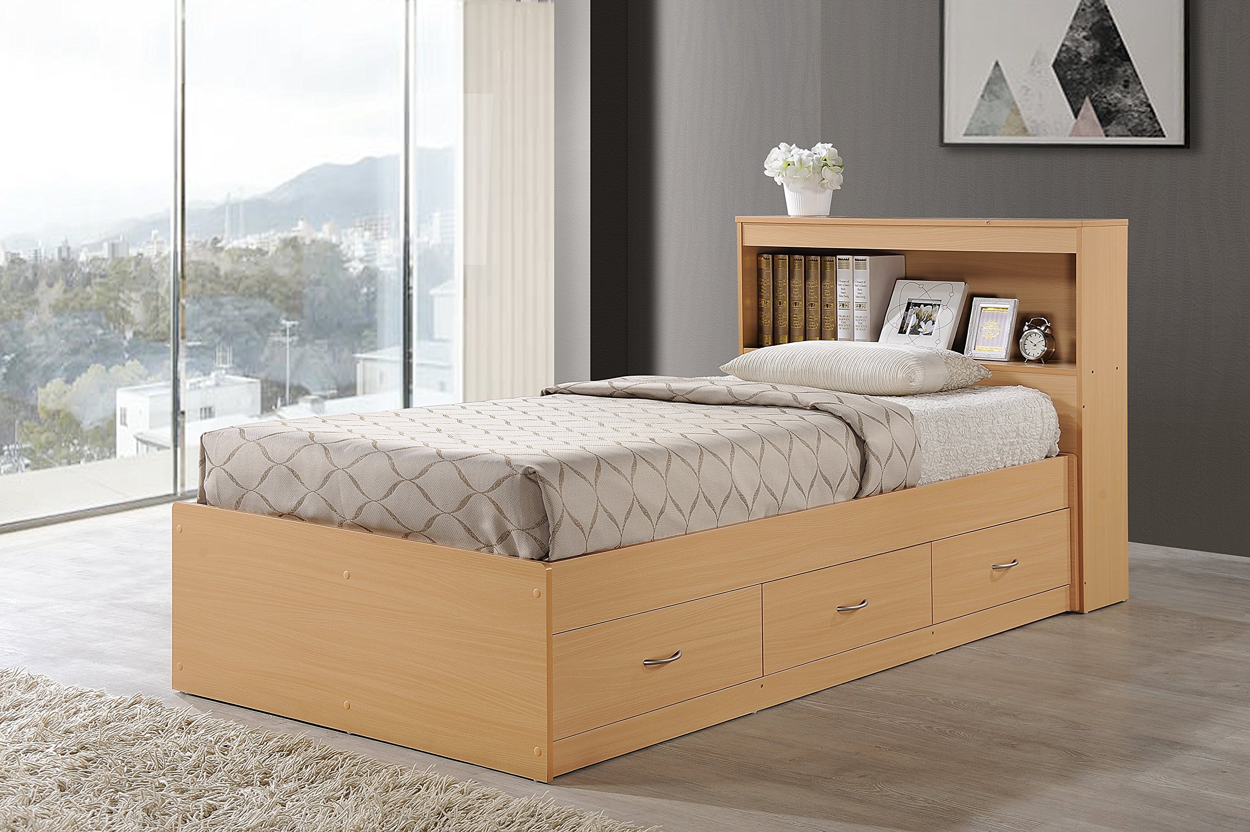 Hodedah Twin-Size Captain Bed with 3-Drawers and Headboard in