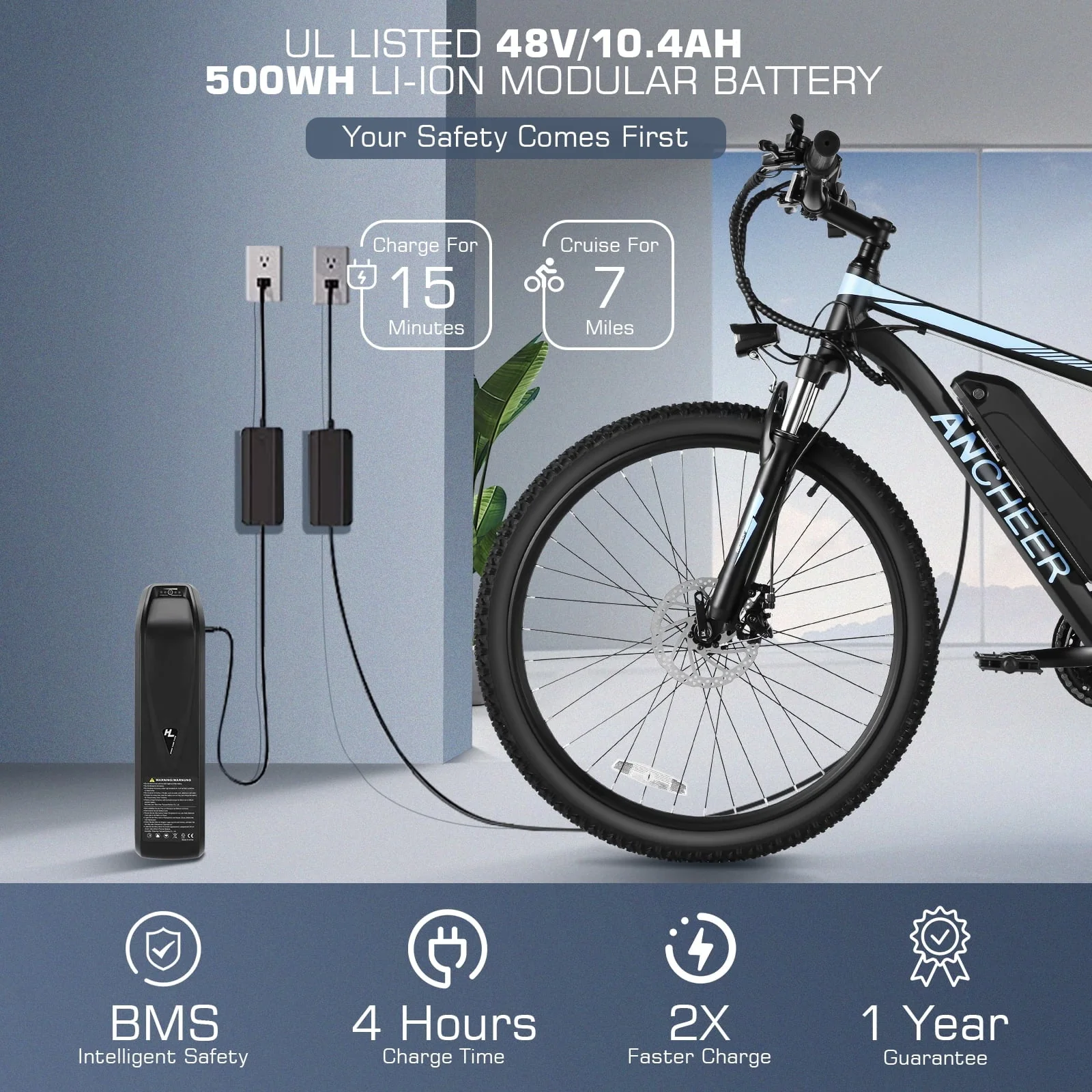 Funcid 26in Electric Mountain Bike, 500W, 48V, 21-Speed