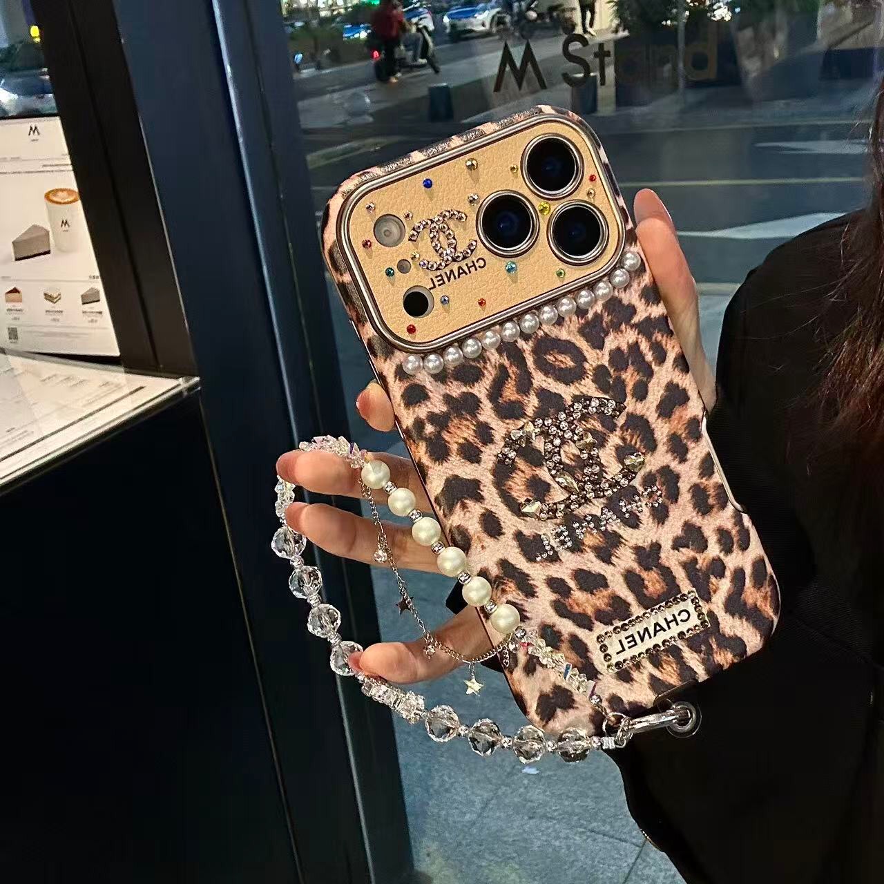 Leopard Print Rhinestone CC Logo Pearl Trim Luxury Shockproof iPhone Case With Crystal Wrist Chain