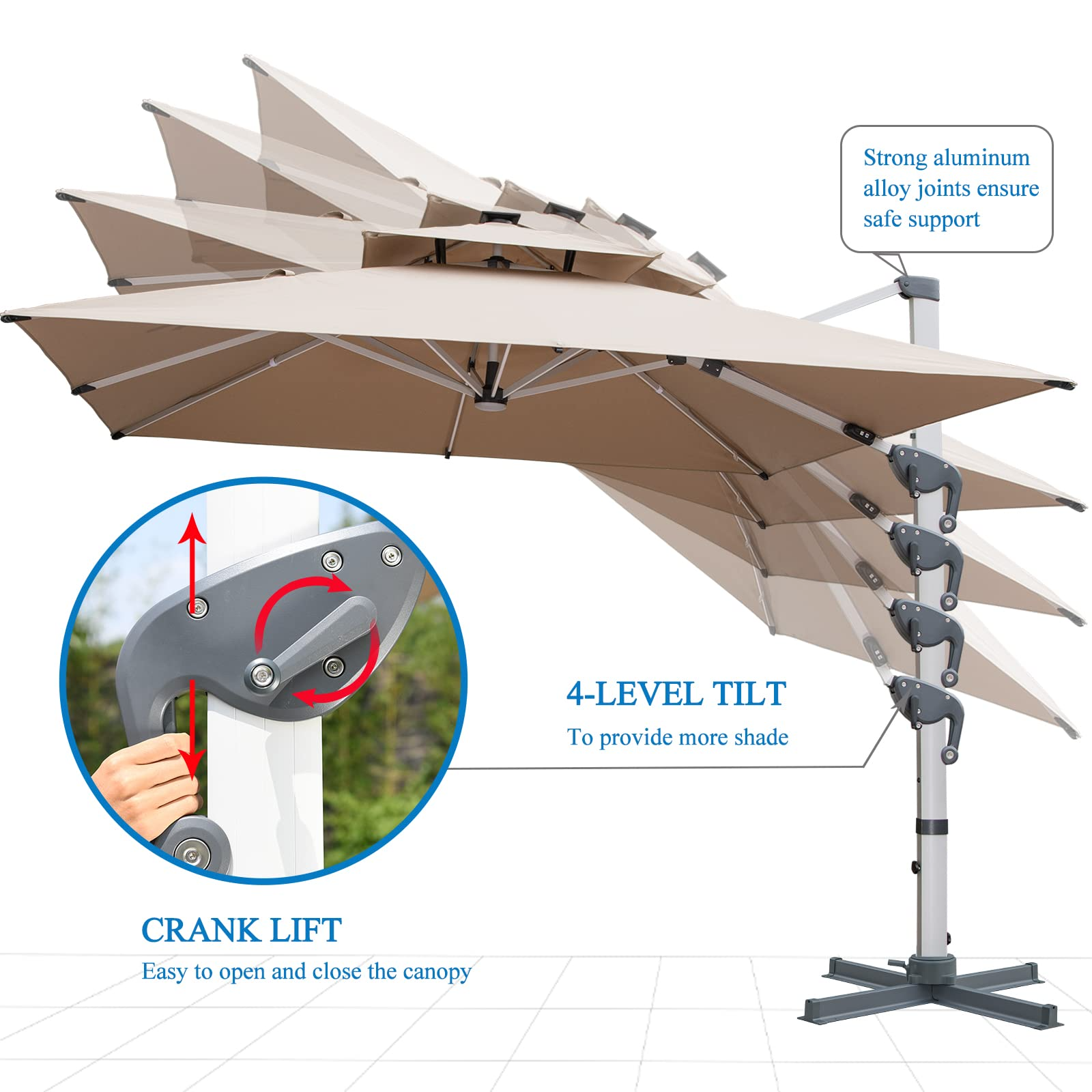 10 FT Square Cantilever Umbrella with Solar LED Lights & Cross