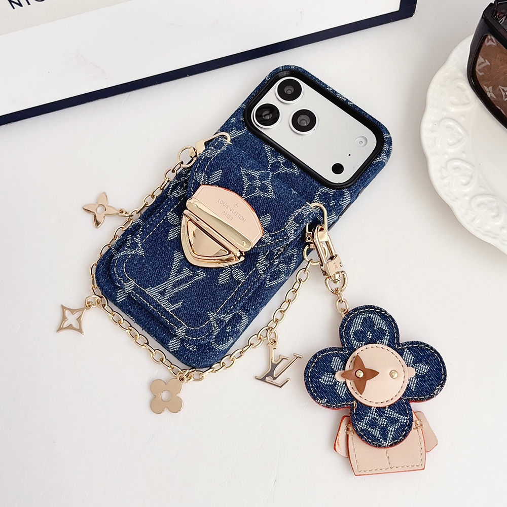 LV Monogram Denim Card Holder Phone Case With Chain Wrist Strap Vivienne Flower Charm