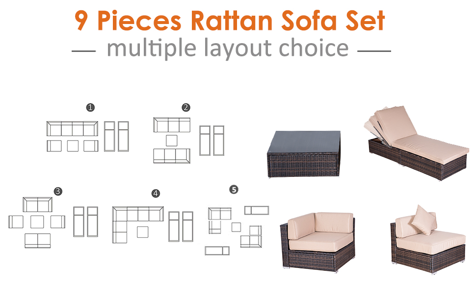 9 PCS Patio Furniture Sets