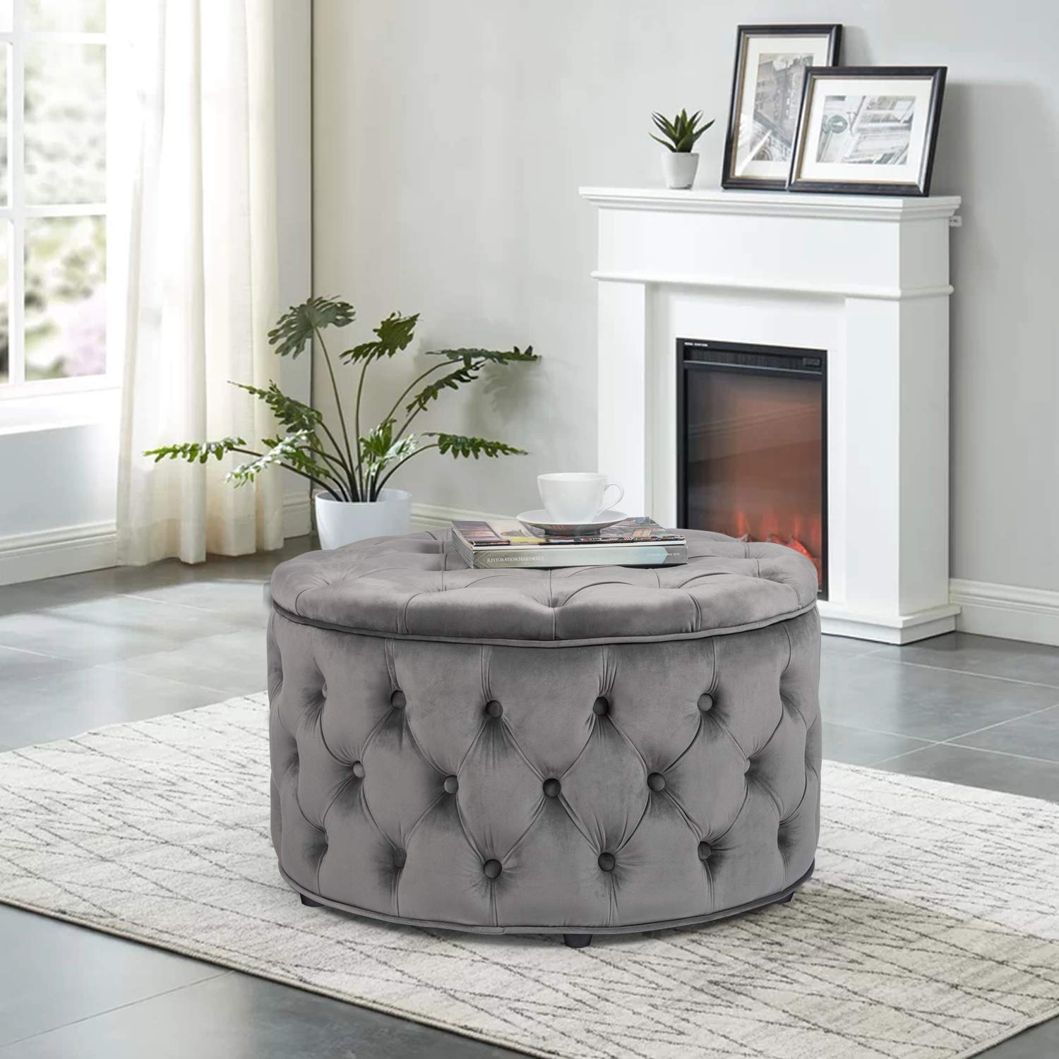 Homebeez Round Velvet Storage Ottoman