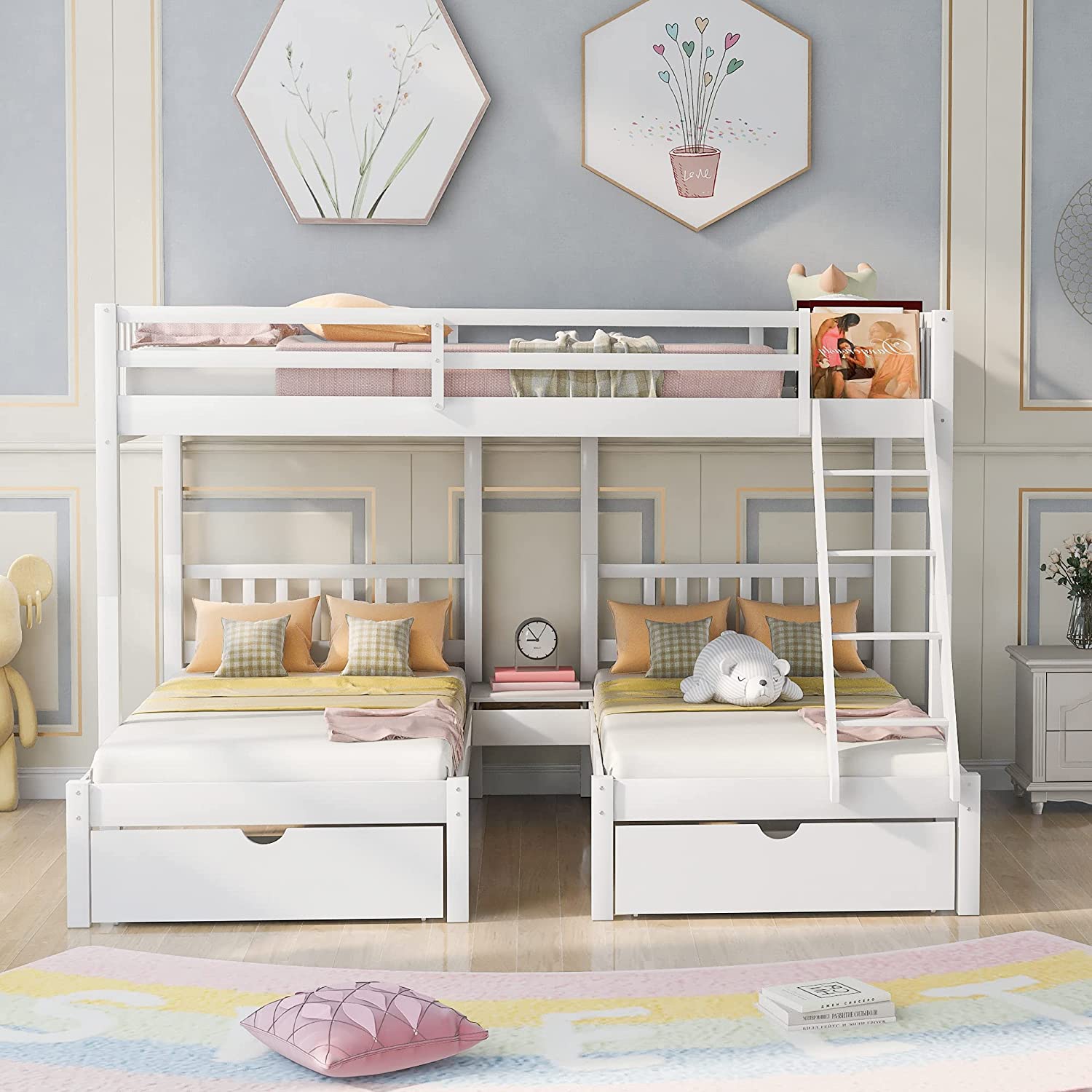 Triple Bunk Bed Full Over 2 Twin Bunk Bed with 3 Drawers &
