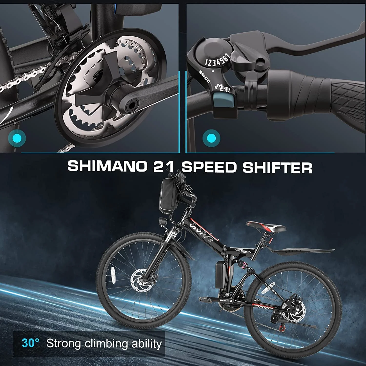 Vivi 26in Folding Electric Mountain Bike, 500W, 21-Speed