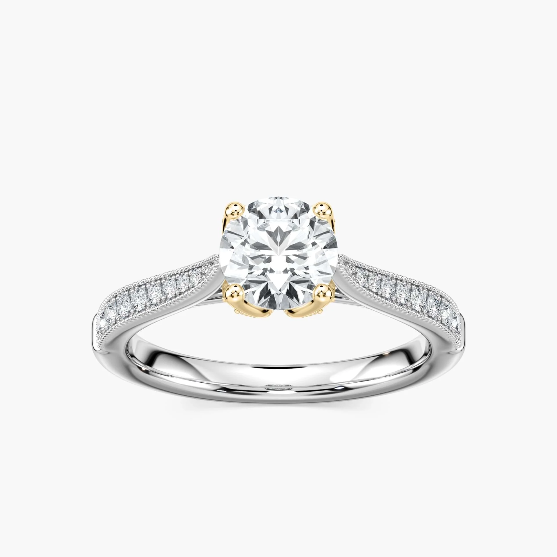 Quimby Round Lab Grown Diamond Milgrain Tulip Side Stone Engagement Ring