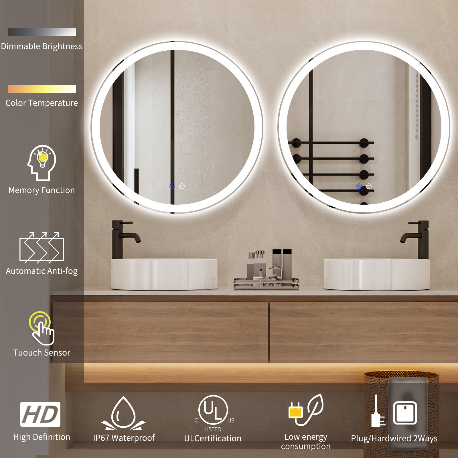 Modern & Contemporary Lighted Fog Free Round Bathroom / Vanity