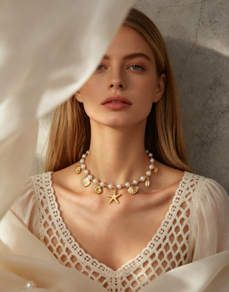 Women’s Beach‑Style Pearl Beaded Choker Necklace, 14K Gold Plated Starfish & Shell Charms Jewelry