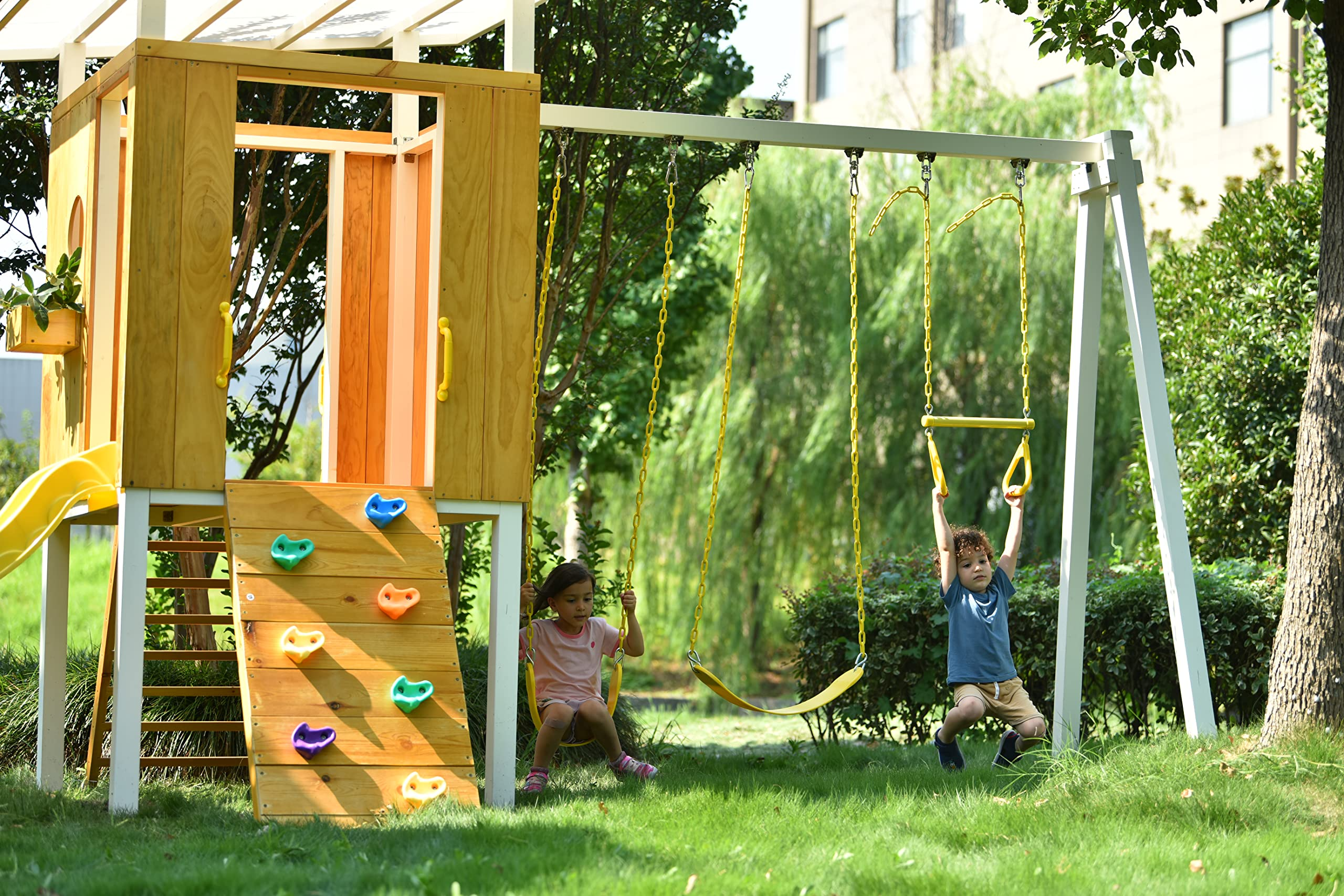 Modern Backyard Swing Set Children's Rock Climbing Wood