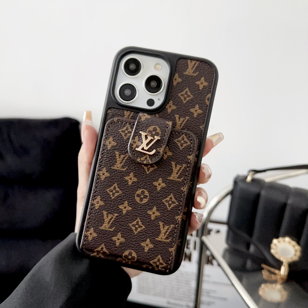 Designer Monogram Card Holder Phone Case with LV & GG Metal Buckle
