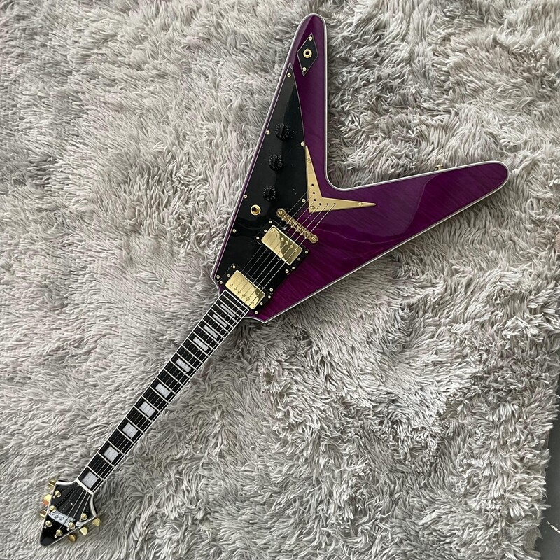 Flying V Electric Guitar Solid Purple Flamed Maple Top Gold Hardware H-H Pickups