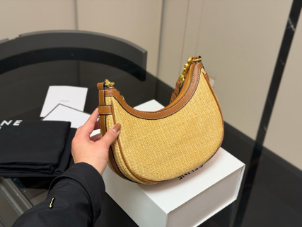 CELINE AVA SHOULDER BAG IN RAFFIA AND CALFSKIN
