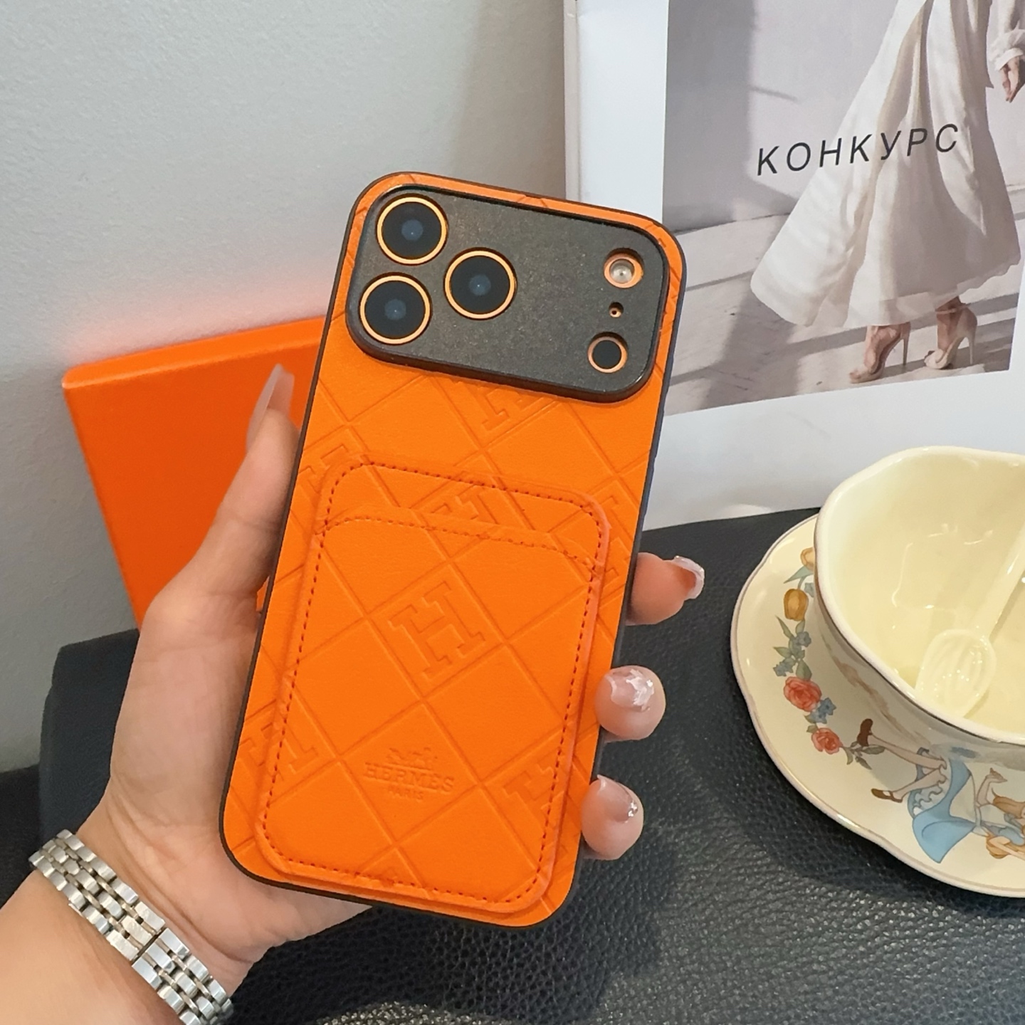 Hermès Embossed Monogram Leather Card Holder Phone Case