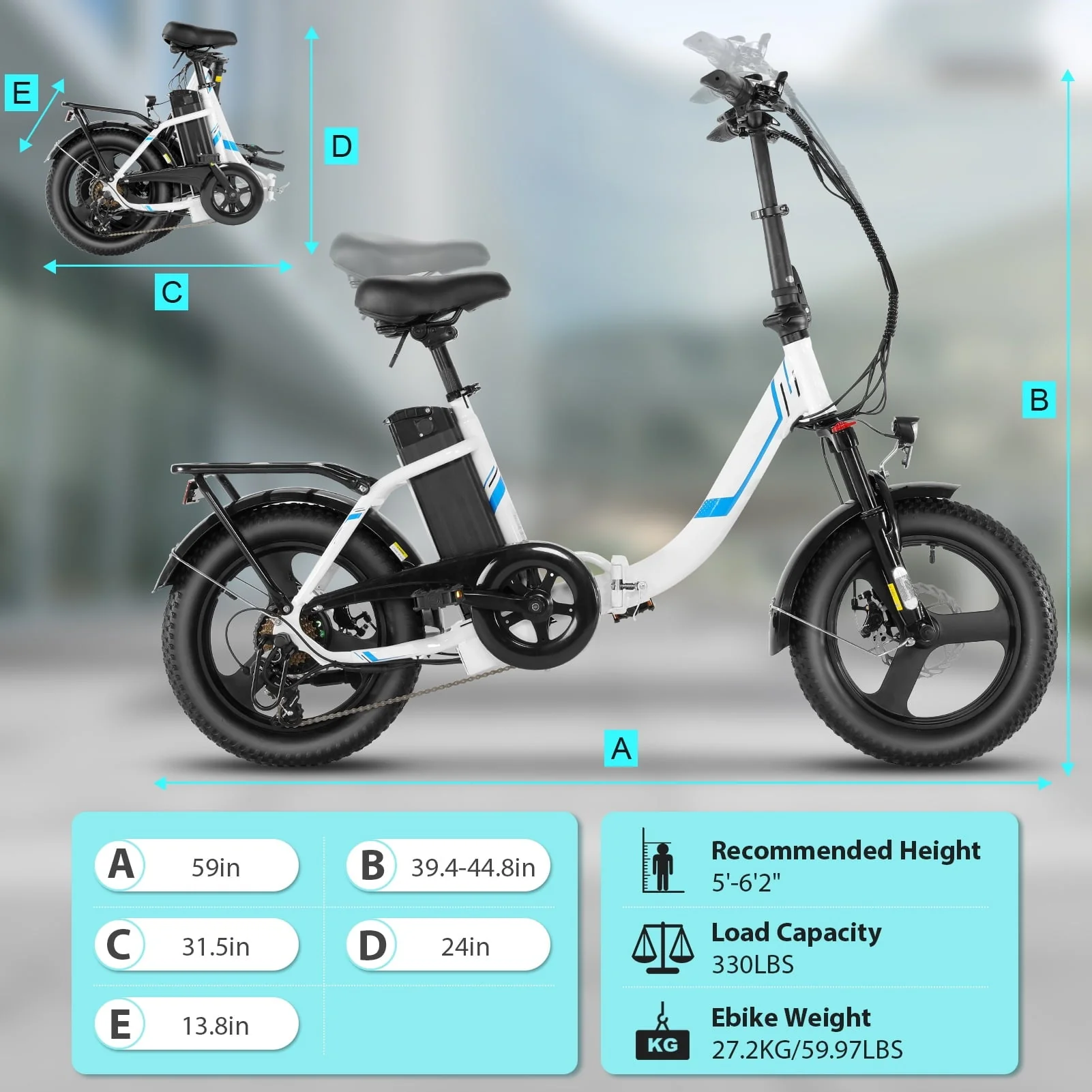 Elifine 16in Folding Fat Tire Electric Bike, 350W, 48V 7.8Ah