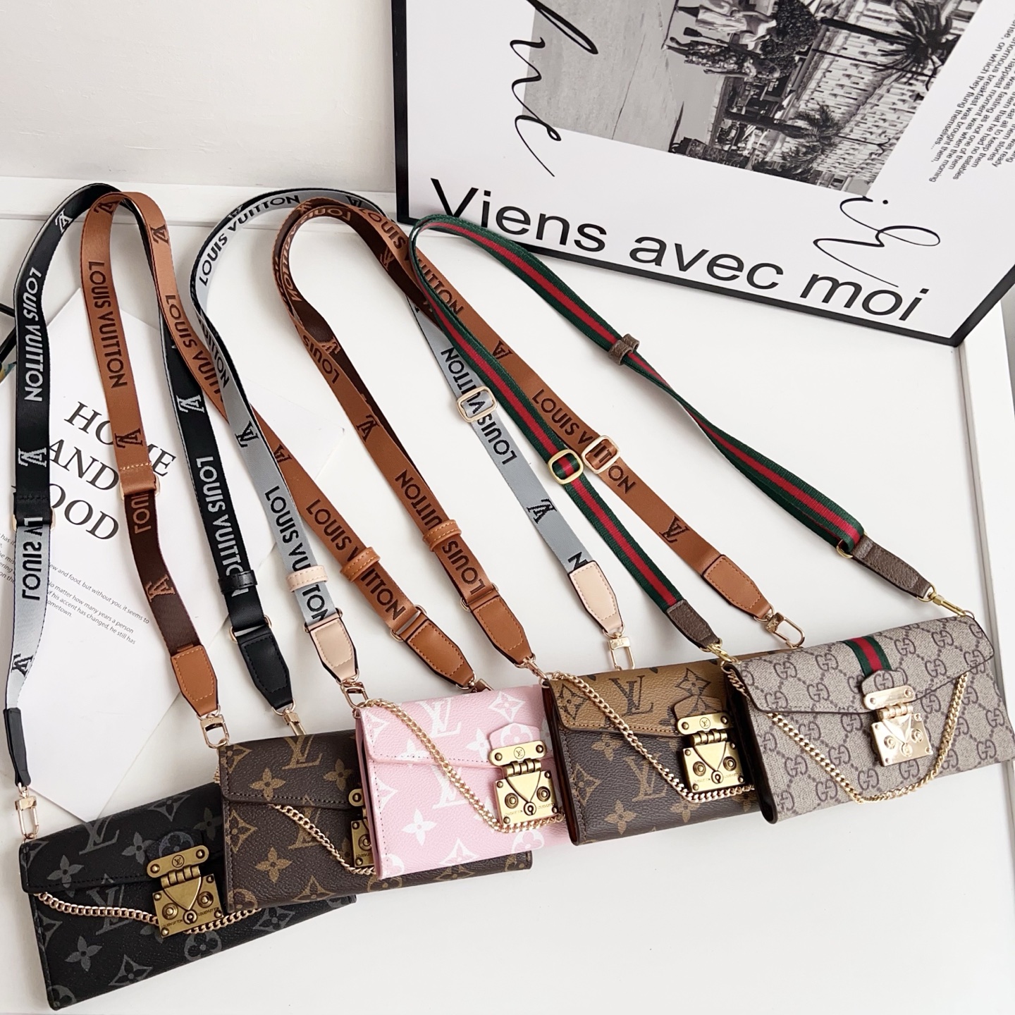 LV & Gucci Monogram Flip Phone Wallet Mini Crossbody Shoulder Bag With Card Slots