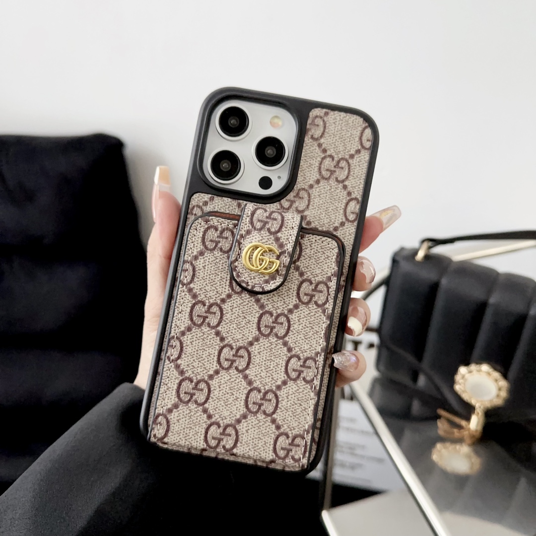 Designer Monogram Card Holder Phone Case with LV & GG Metal Buckle