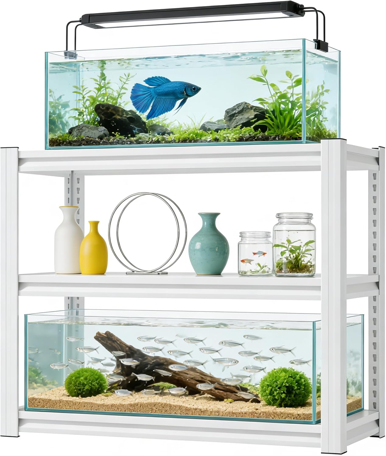20-30 Gallon Fish Tank Stand - Metal Aquarium Stand, 34 W x 18 D x 31H Adjustable Heavy Duty Reptile Tank Stand, Adjustable 3-Tier Fish Tank Rack Shelf for Home Office, Tank Not Included,White