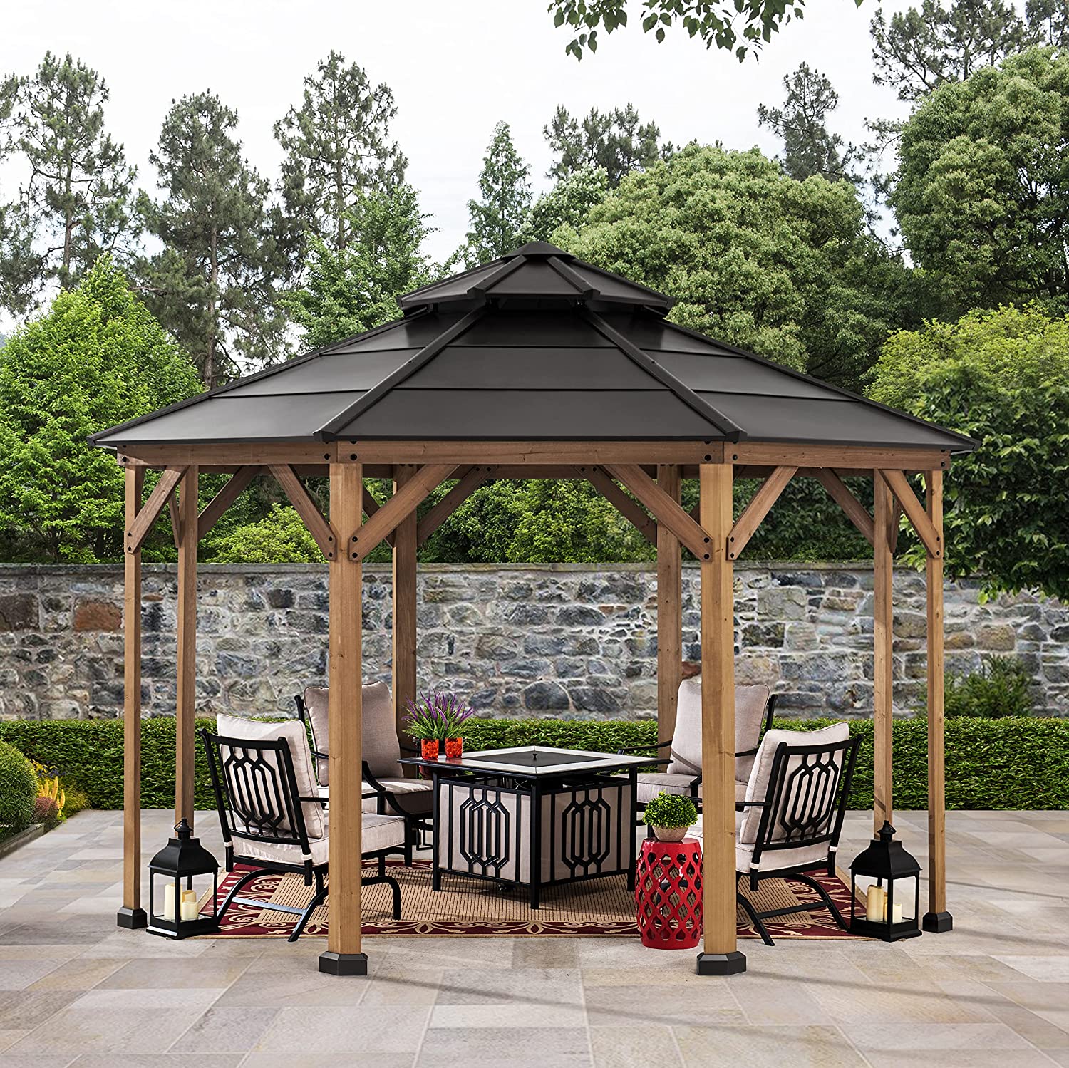 Cedar Framed Octagon Wood Gazebo with Brown Double Tiered Steel