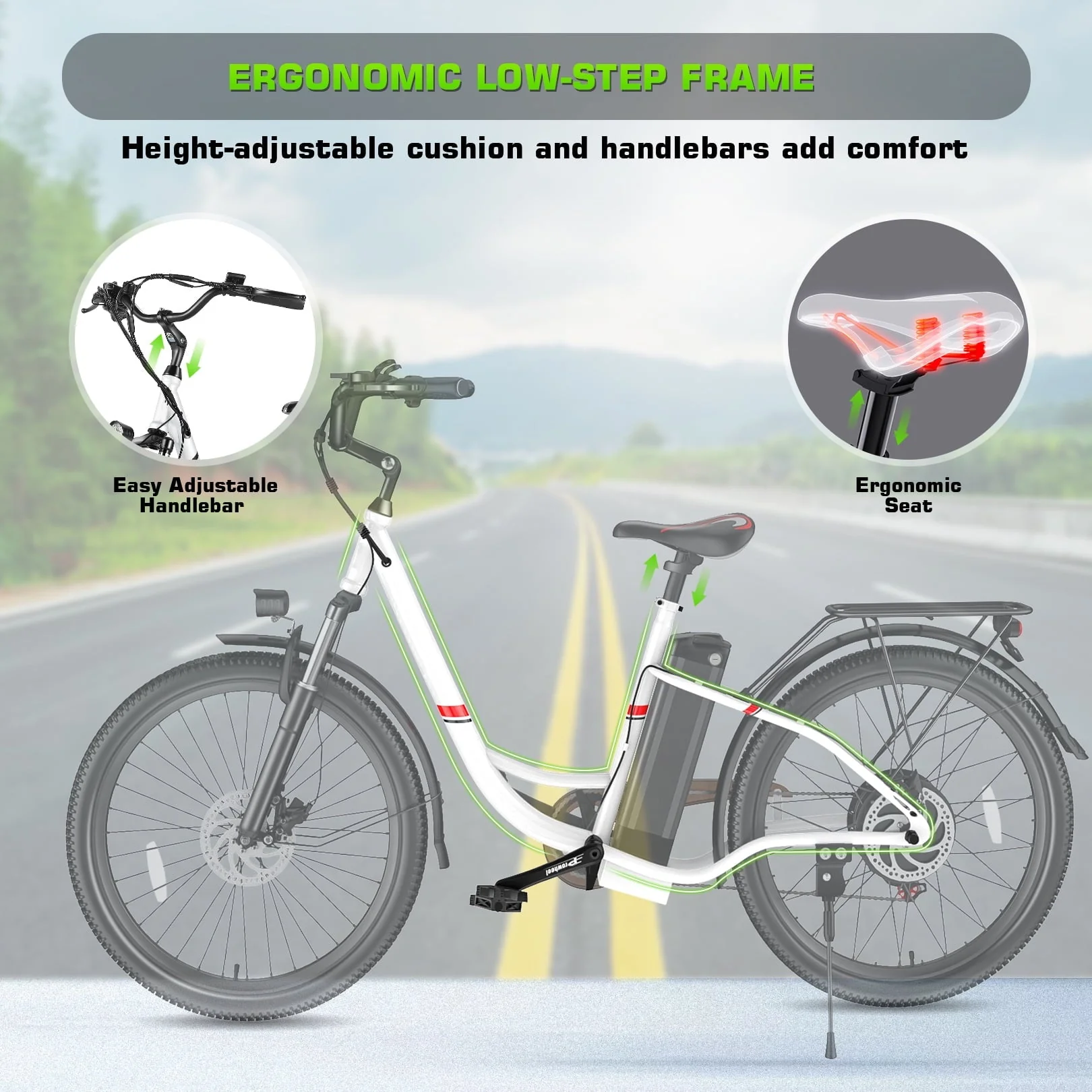 Elifine 26in Low-Step Electric Cruiser Bike, 500W, 48V 7.8Ah