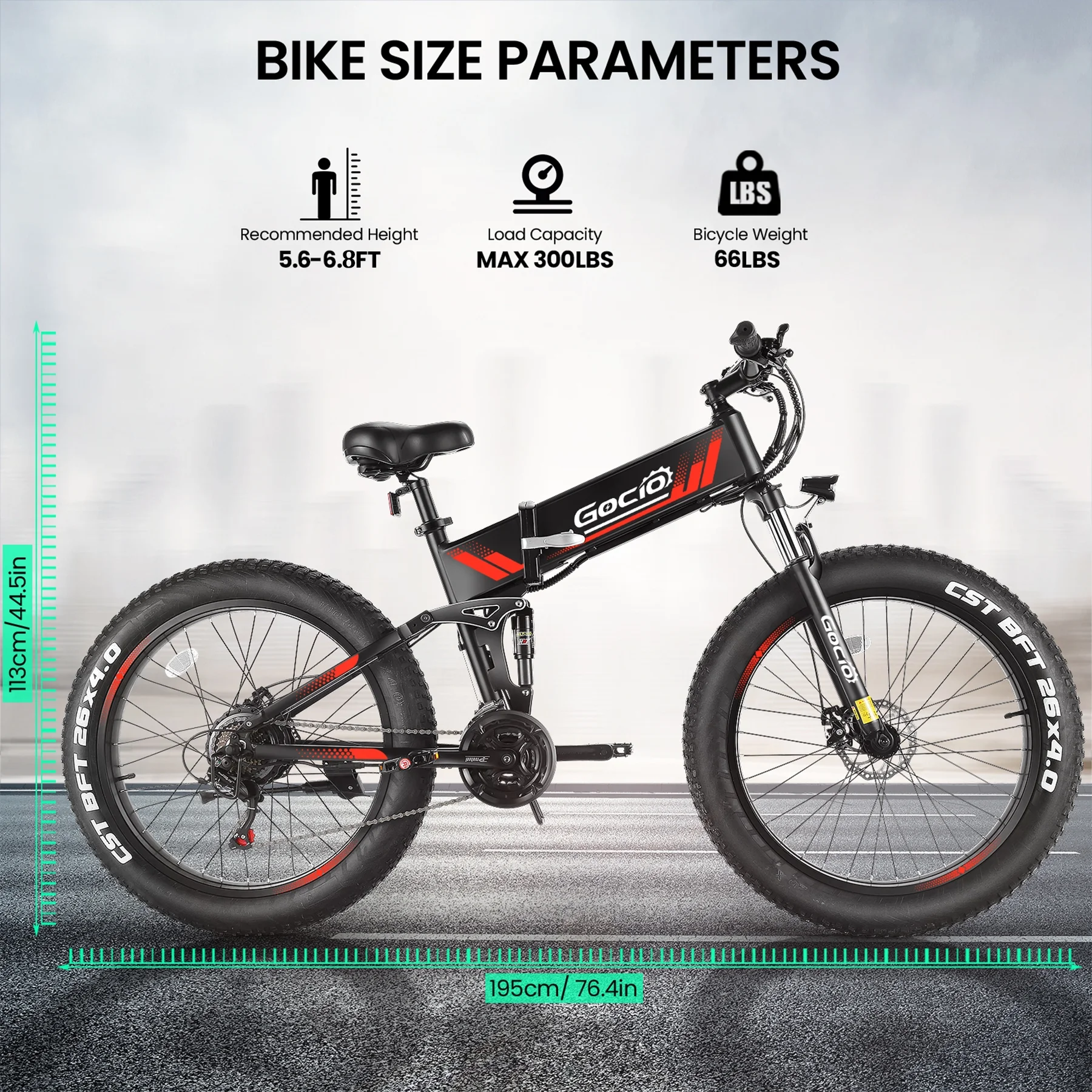 Gocio 26in Folding Fat Tire Electric Bike, 750W Peak, 48V 10.4Ah