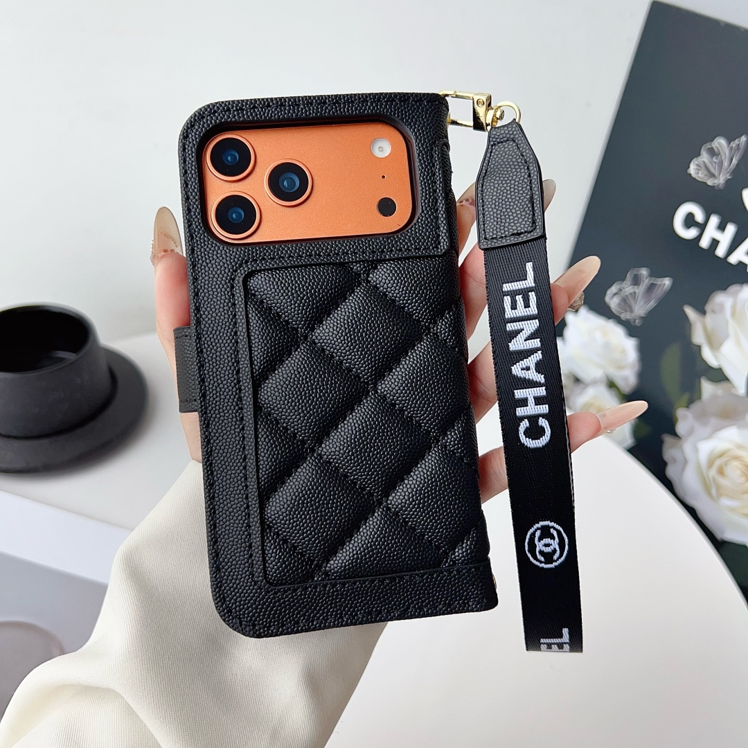 Chanel Style Diamond Quilted Leather Flip Wallet Phone Case with Wrist Strap