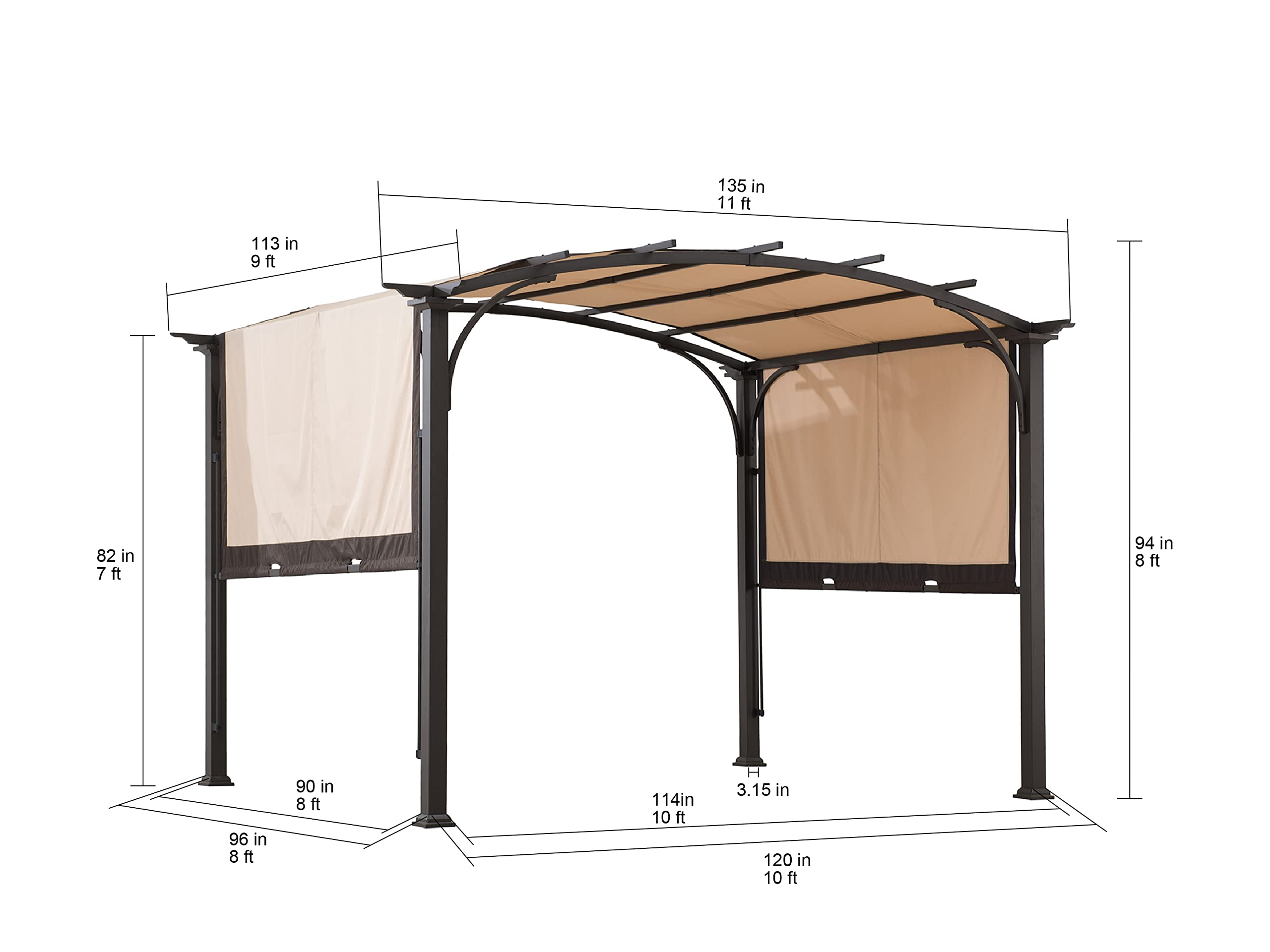 9.5x11 Steel Arched Pergola with 2-Tone Adjustable Shade