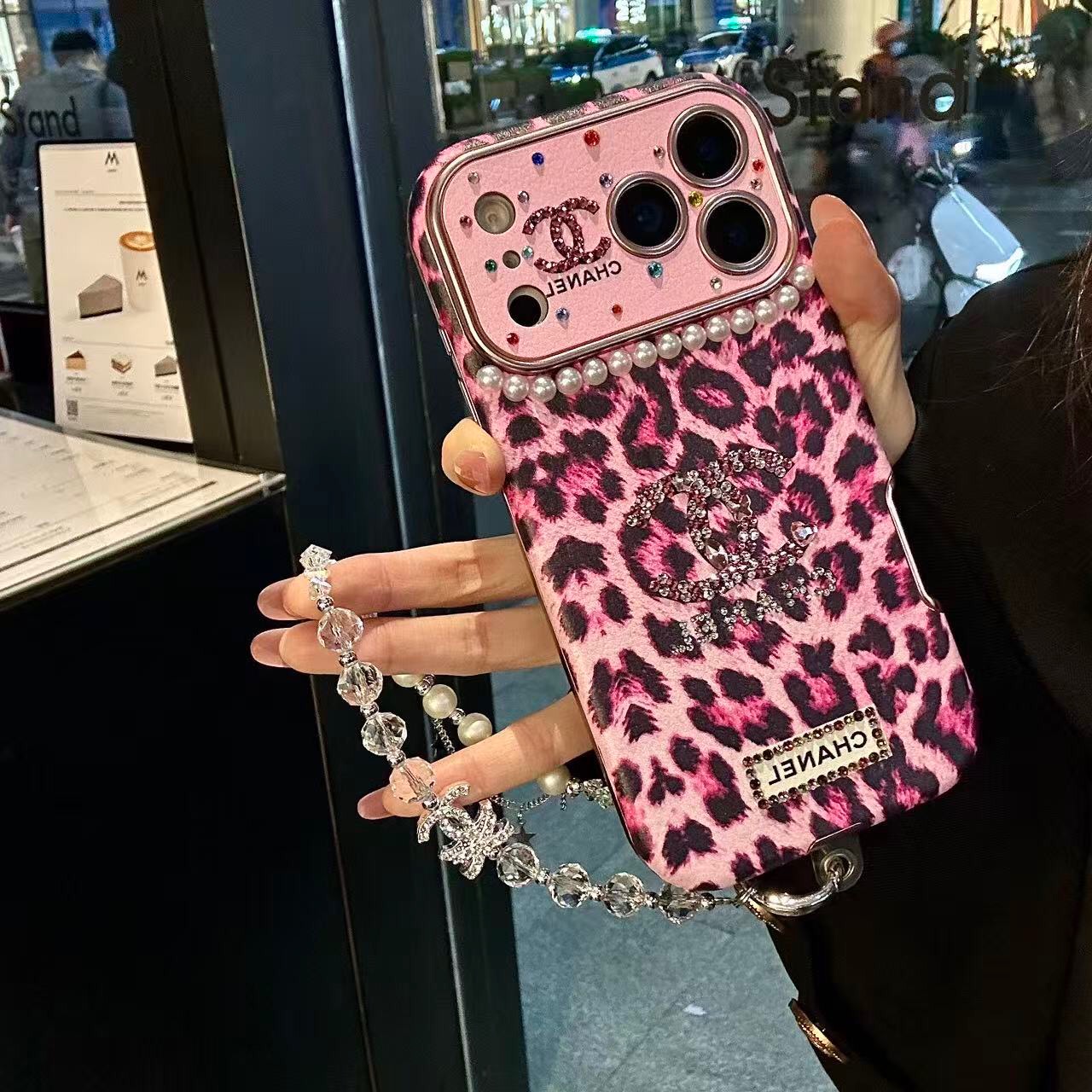 Leopard Print Rhinestone CC Logo Pearl Trim Luxury Shockproof iPhone Case With Crystal Wrist Chain