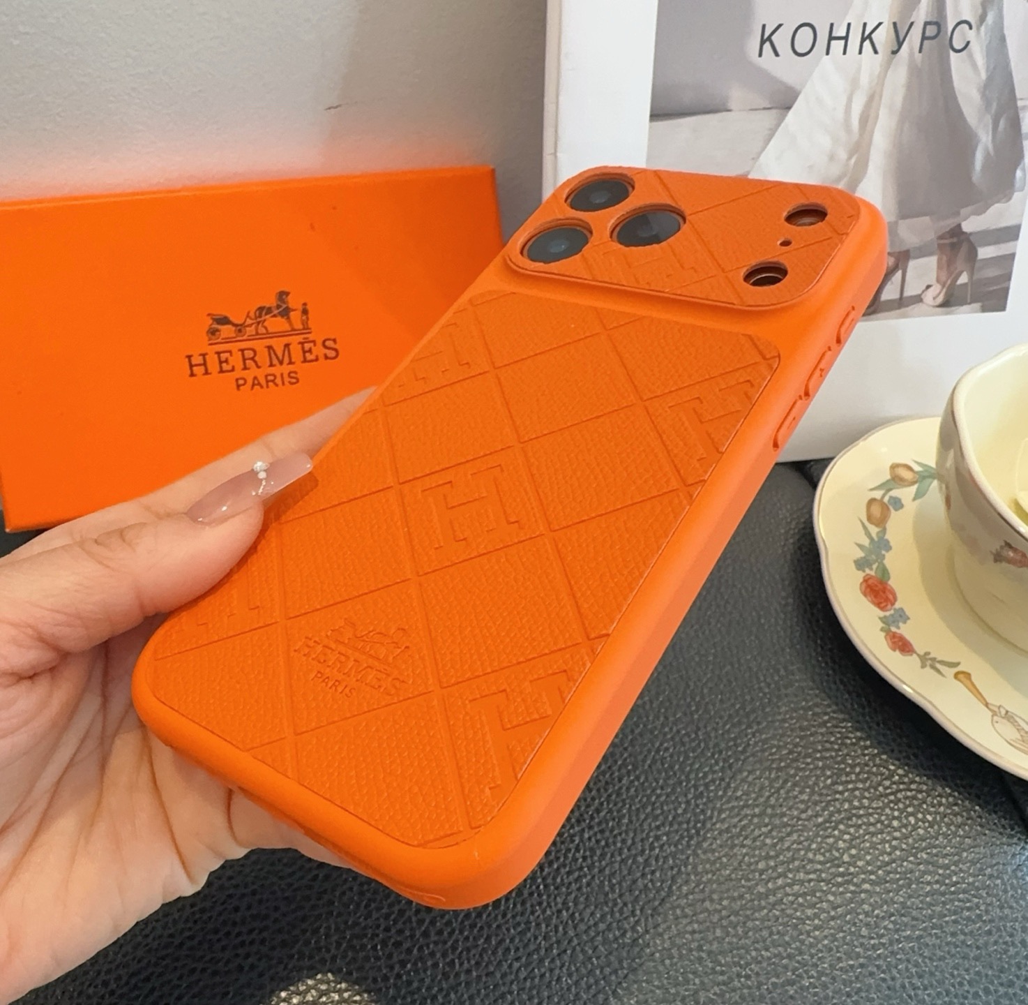 Hermès Style Embossed Leather Texture Full Cover Phone Case