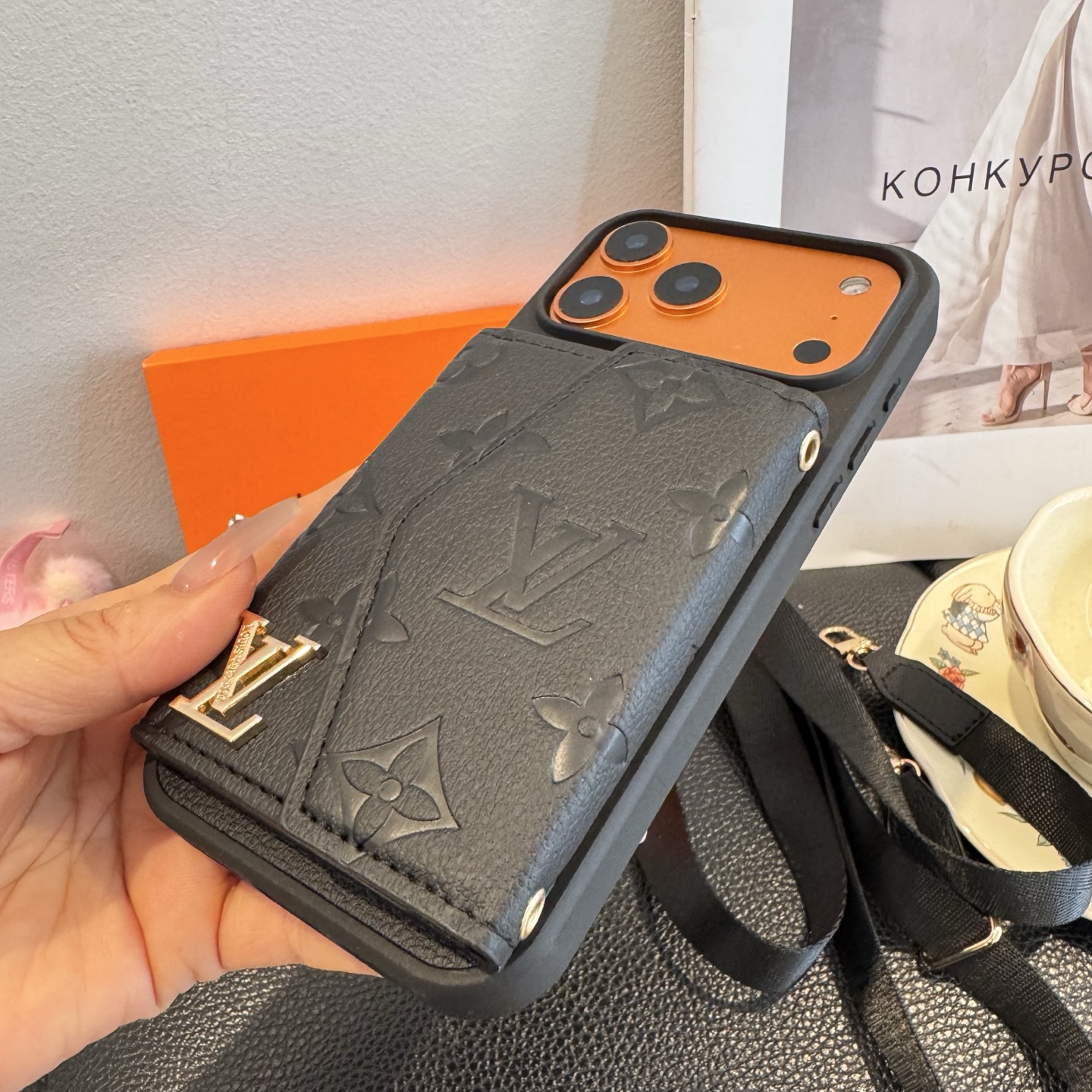 Louis Vuitton Embossed Monogram Card Holder Crossbody Strap Luxury Phone Case